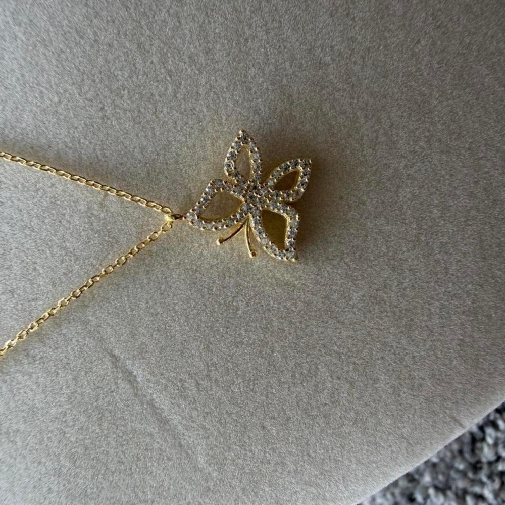 Gold Butterfly Pendant Necklace Pavé Crystal Charm Dainty Jewelry - Picture 5 of 6